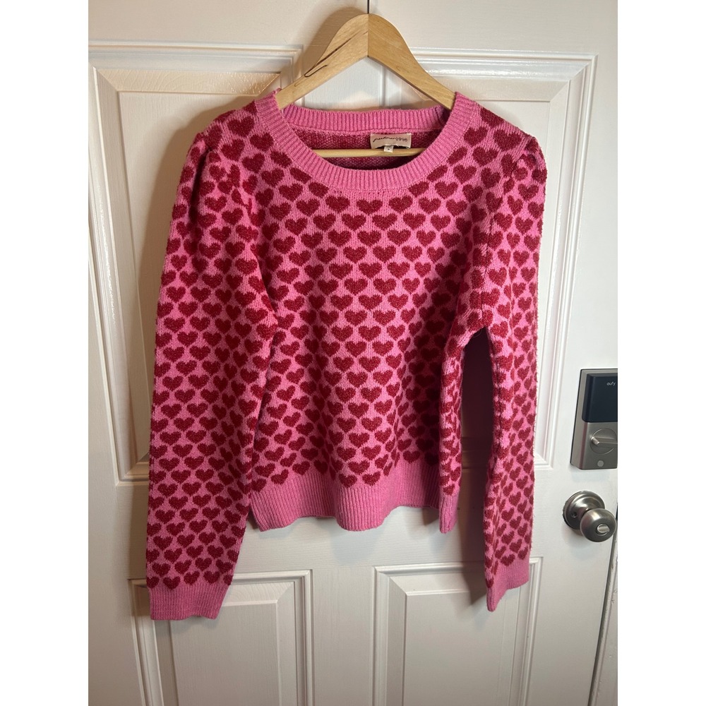 Freshman 1996 Sweater Pink Red Heart Print‎ Puff Sleeve Knit Top XL Valentine